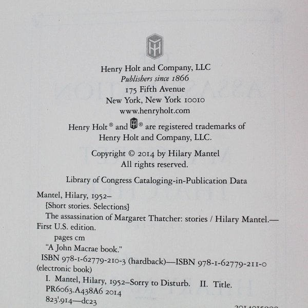 The Assassination of Margaret Thatcher by Hilary Mantel 2014 Hardcover Ex-Libris