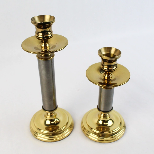 Set Of 3 Brass And Silver Tone Metal Graduated Size Candlesticks 6-10.25 Inch