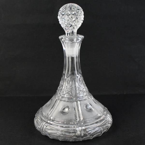 Cut Crystal Decanter Frosted Trapezoid Panels with Clear Circle Centers