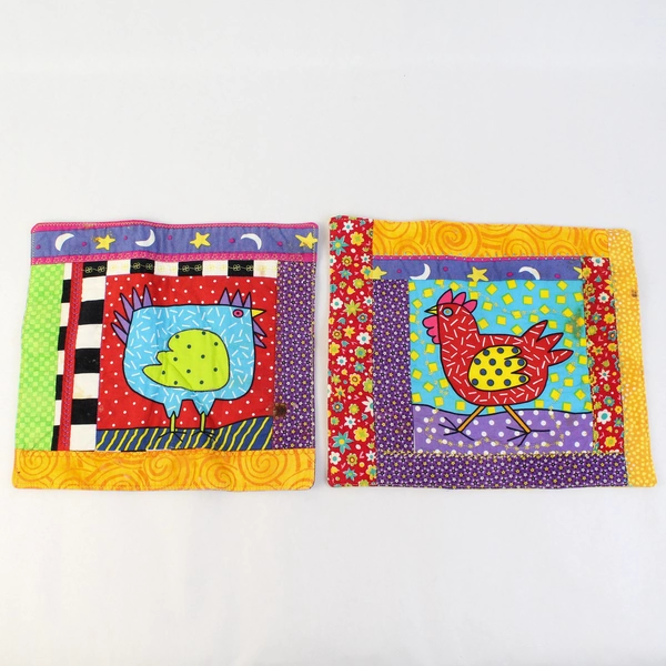 Lot of 2 Colorful Hot Pad Potholder Handmade Fabric Chicken & Floral 11" x 10"