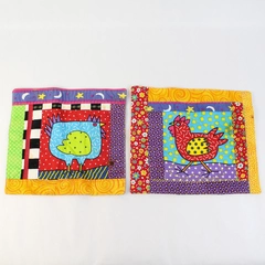 Lot of 2 Colorful Hot Pad Potholder Handmade Fabric Chicken & Floral 11" x 10"