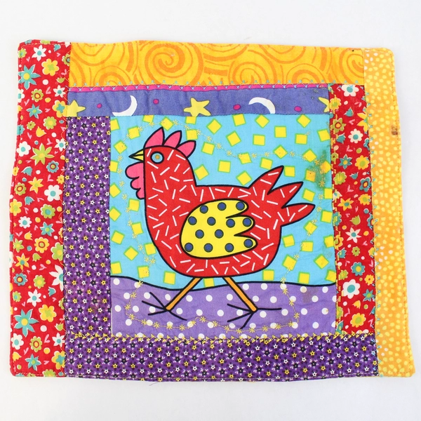 Lot of 2 Colorful Hot Pad Potholder Handmade Fabric Chicken & Floral 11" x 10"