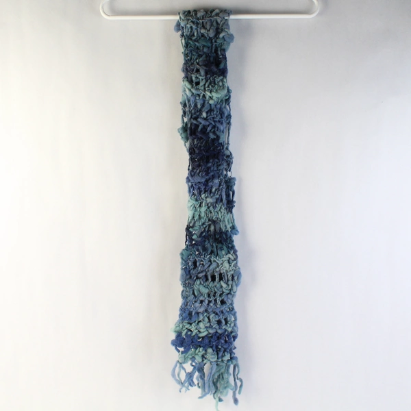 Quirky Handmade Blue Knit Felt Women's Scarf With Fringe 60"
