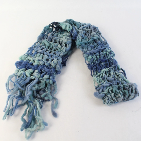 Quirky Handmade Blue Knit Felt Women's Scarf With Fringe 60"