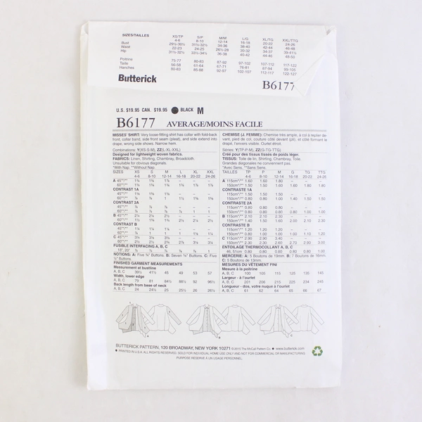 Butterick 6177 Misses Shirt Loose Fit Collared Shirt L XL 2XL Size 16-26 Uncut