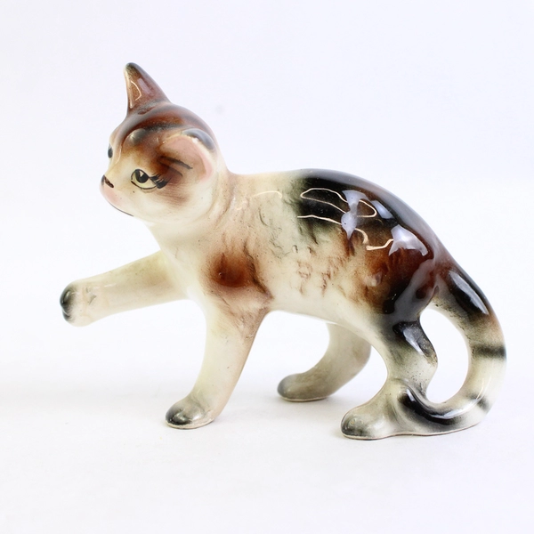 Vintage Brown And White Ceramic Cat Figurine From Japan