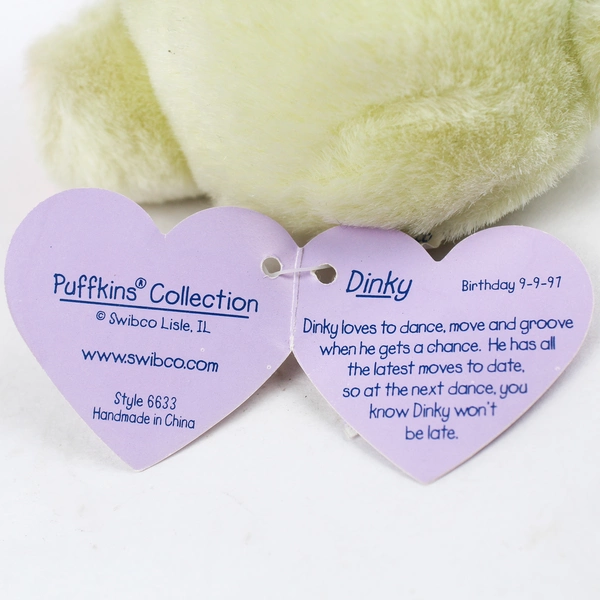 Vintage 1997 MJC Swibco Puffkins Dinky The Dinosaur 4" Plush Toy Tag