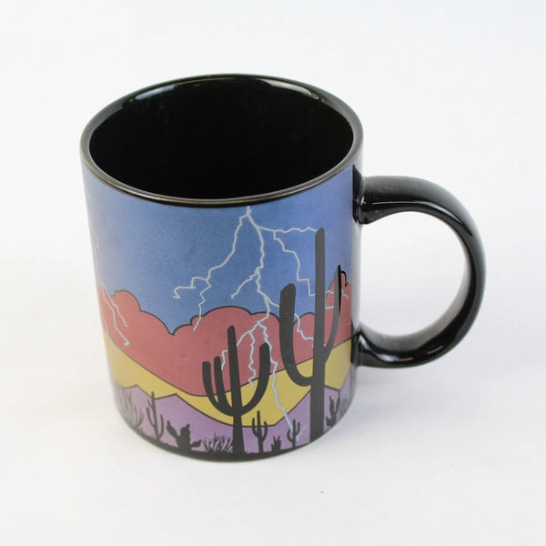 Vintage 1980's Arizona Mug Metallic Mountain Skyline Art Deco Souvenir Black Cup
