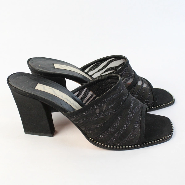 Nina Black Glitter Mule Square Toe Block Heel Mid Height US Size 7.5M