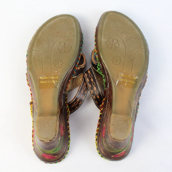 Corkys Brown Leather Mule Square Toe Wedge Heel Sandal US Size 7