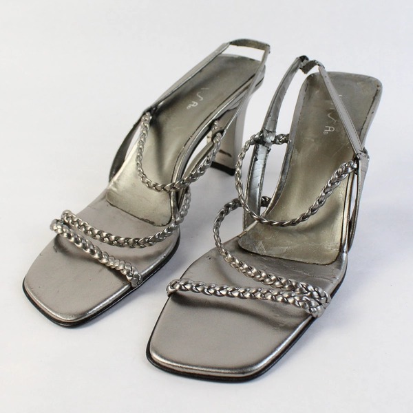Unisa Silver Slip On Strappy Pump Square Toe Block Heel US Size 7.5B