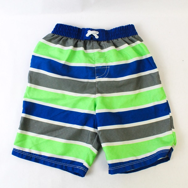 OP Boys 4T Swim Trunks Green & Blue Stripes Lined Swimwear - Pre-owned
