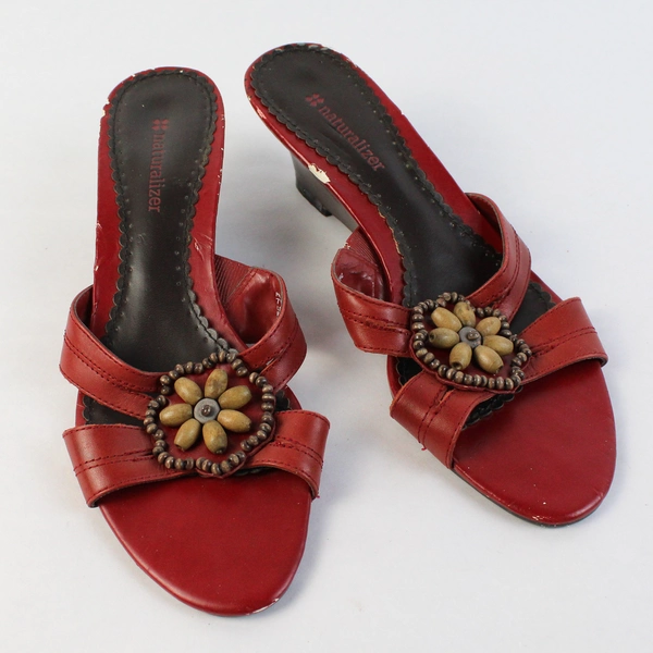 Naturalizer Red Leather Beaded Mule Sandals Round Toe Wedge Heel US Size 7M