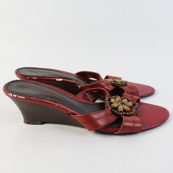 Naturalizer Red Leather Beaded Mule Sandals Round Toe Wedge Heel US Size 7M