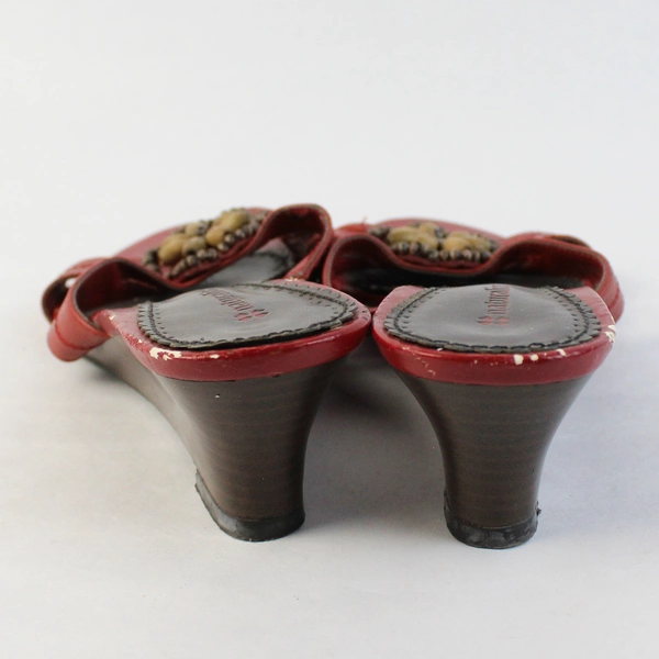 Naturalizer Red Leather Beaded Mule Sandals Round Toe Wedge Heel US Size 7M