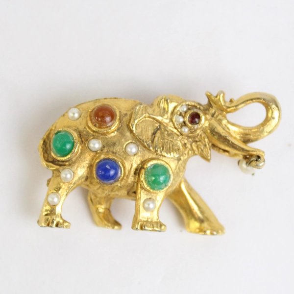 Gold-Tone Elephant Pin Brooch Jewelry Faux Pearl & Cabochon 