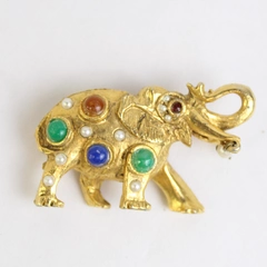 Gold-Tone Elephant Pin Brooch Jewelry Faux Pearl & Cabochon 