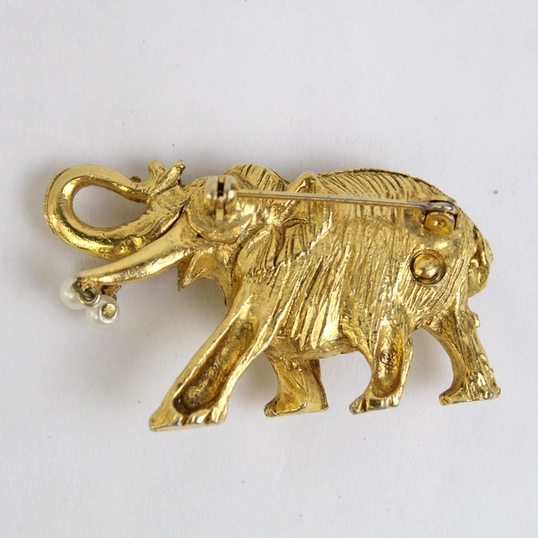 Gold-Tone Elephant Pin Brooch Jewelry Faux Pearl & Cabochon 