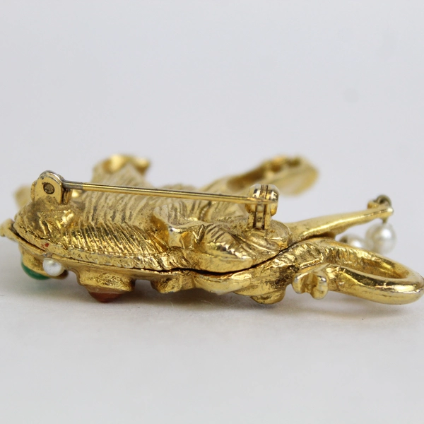 Gold-Tone Elephant Pin Brooch Jewelry Faux Pearl & Cabochon 