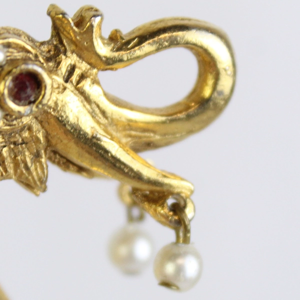 Gold-Tone Elephant Pin Brooch Jewelry Faux Pearl & Cabochon 
