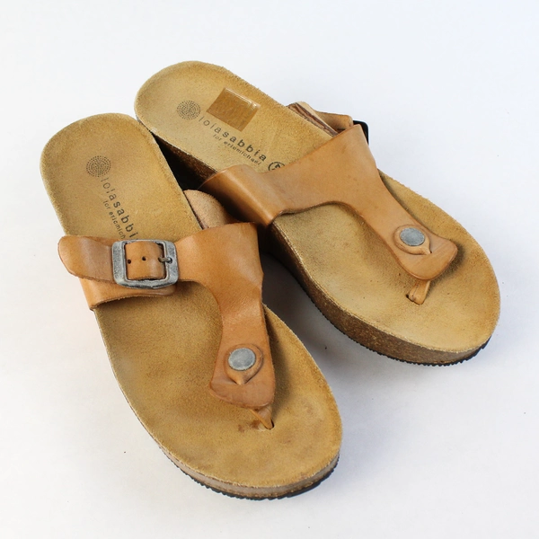 Lolasabbia Tan Leather Wedge Heel Sandal T-Strap Slip On US Size 6