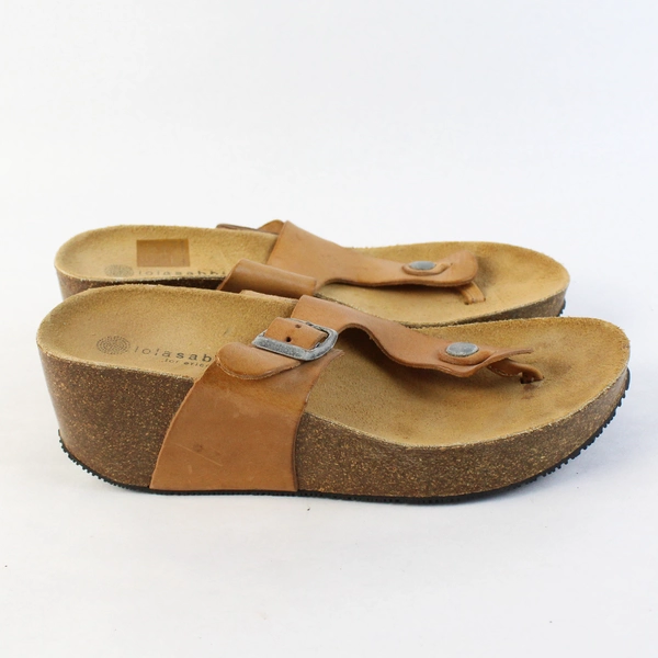 Lolasabbia Tan Leather Wedge Heel Sandal T-Strap Slip On US Size 6