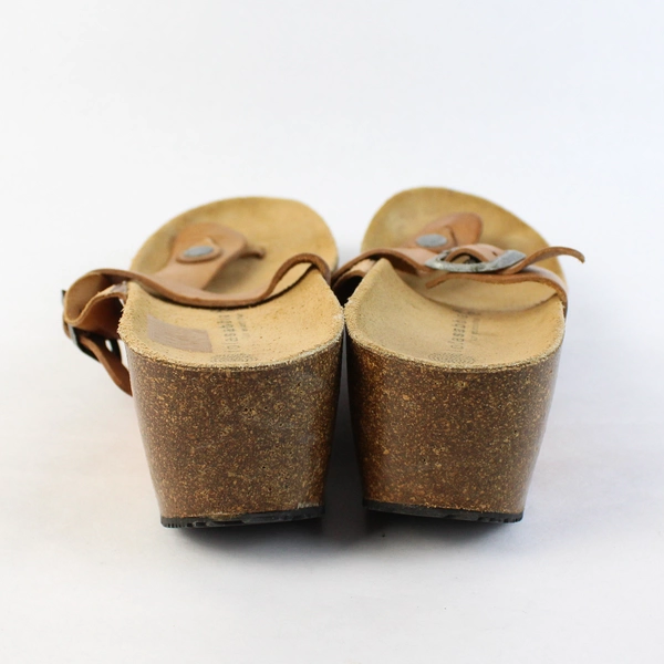 Lolasabbia Tan Leather Wedge Heel Sandal T-Strap Slip On US Size 6