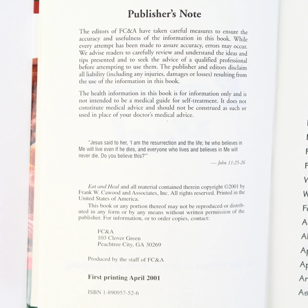 Eat and Heal by Frank W. Cawood and Associates Staff 2001 Hardcover