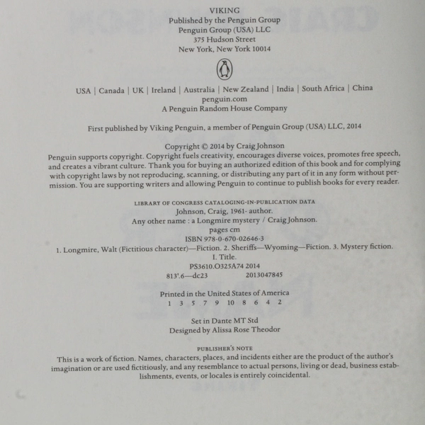 Any Other Name by Craig Johnson A Longmire Mystery Hardcover Dust Jacket