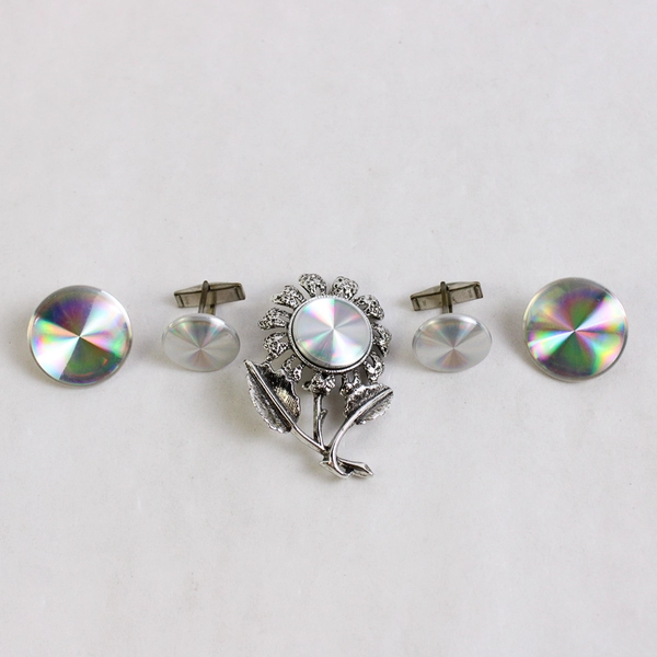 Vintage Holographic Diffraction Jewelry Set Brooch Clip On Earrings Cuff Links