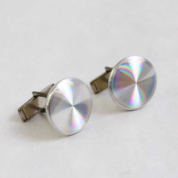 Vintage Holographic Diffraction Jewelry Set Brooch Clip On Earrings Cuff Links