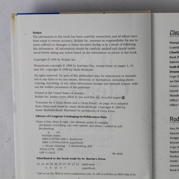 Clean It Fast, Clean It Right Jeff Brendenberg 1998 Rodale Press Hardcover