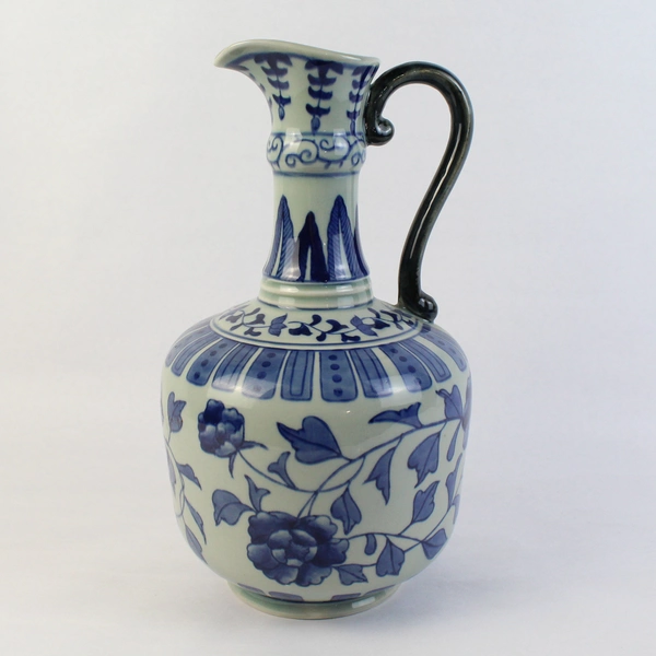 Vintage Ceramic Gray Jug Vase With Cobalt Blue Flowers