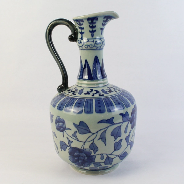 Vintage Ceramic Gray Jug Vase With Cobalt Blue Flowers