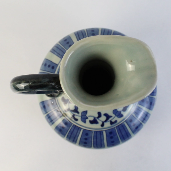 Vintage Ceramic Gray Jug Vase With Cobalt Blue Flowers