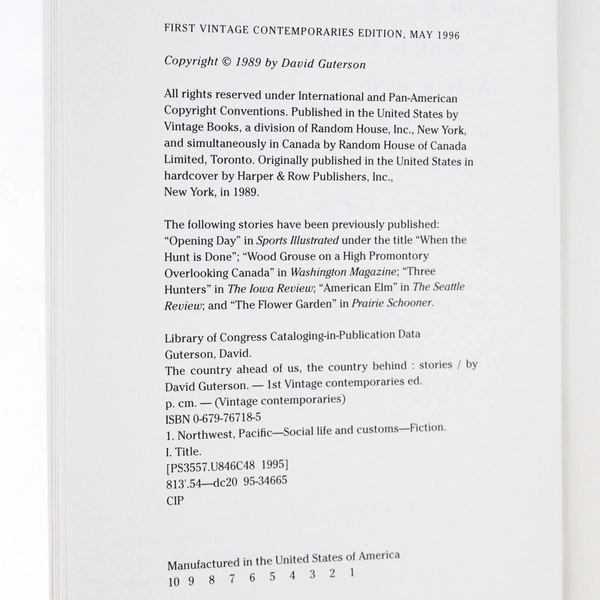 Country Ahead of Us, the Country Behind by David Guterson 1989 Vintage Books PB 