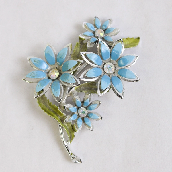 Vintage Blue Enamel And Rhinestone Floral Bouquet Brooch 3 Inch