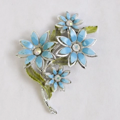 Vintage Blue Enamel And Rhinestone Floral Bouquet Brooch 3 Inch