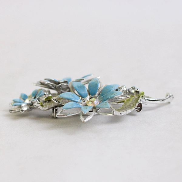 Vintage Blue Enamel And Rhinestone Floral Bouquet Brooch 3 Inch
