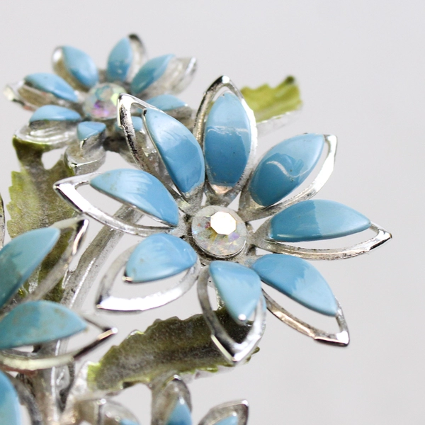 Vintage Blue Enamel And Rhinestone Floral Bouquet Brooch 3 Inch