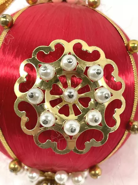 Handcrafted Red Silk Christmas Ornament with Pearl & Gold Accents, 4.5"