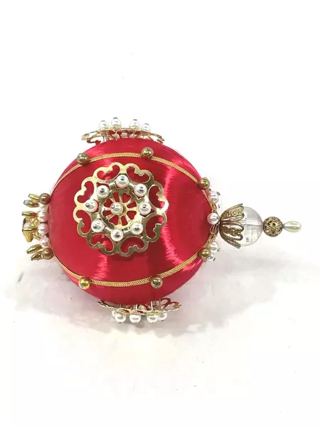 Handcrafted Red Silk Christmas Ornament with Pearl & Gold Accents, 4.5"