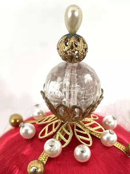 Handcrafted Red Silk Christmas Ornament with Pearl & Gold Accents, 4.5"