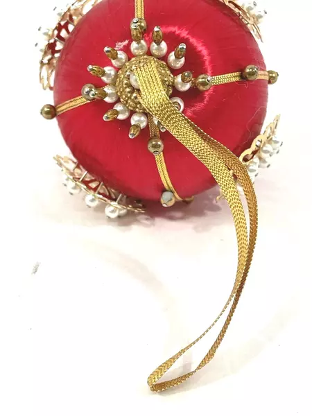 Handcrafted Red Silk Christmas Ornament with Pearl & Gold Accents, 4.5"