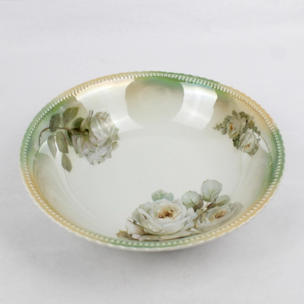P K Silesia China Green Roses Bowl Lusterware 9" Diameter