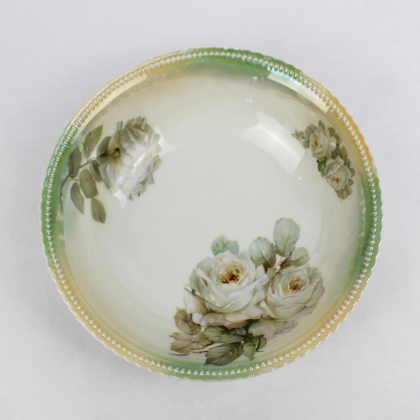P K Silesia China Green Roses Bowl Lusterware 9" Diameter