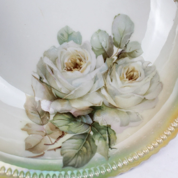 P K Silesia China Green Roses Bowl Lusterware 9" Diameter