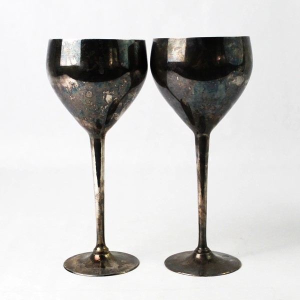 Lot of 2 Vintage Mid Century Modern Silver Plate Wine Goblets 8.25 Inch Tall