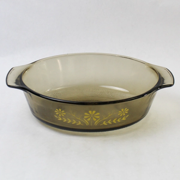 Vintage Glasbake Smoked Amber Casserole Dish Yellow Daisy 11" Long