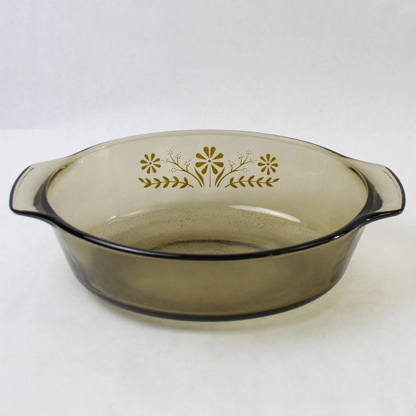 Vintage Glasbake Smoked Amber Casserole Dish Yellow Daisy 11" Long